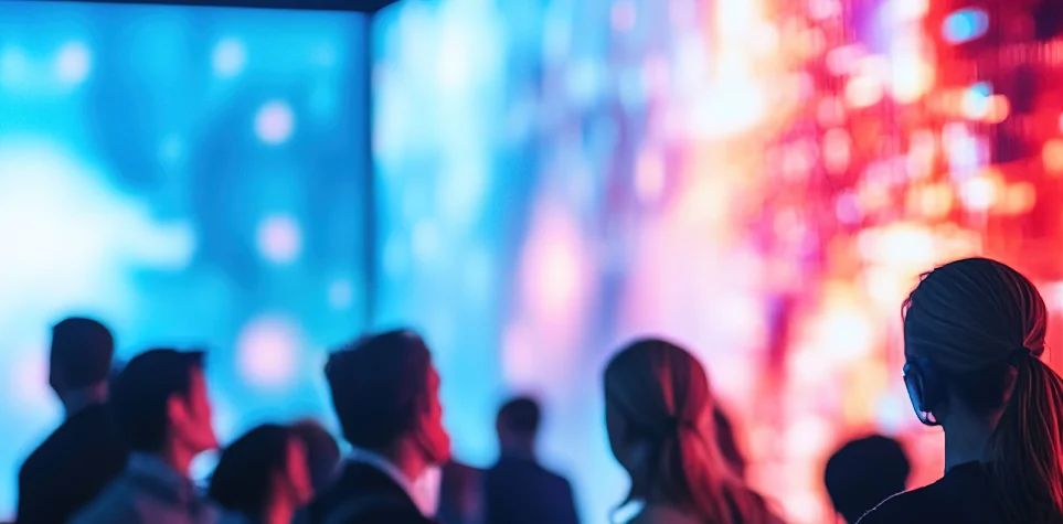 Audience in front of a large colourful LED screen
