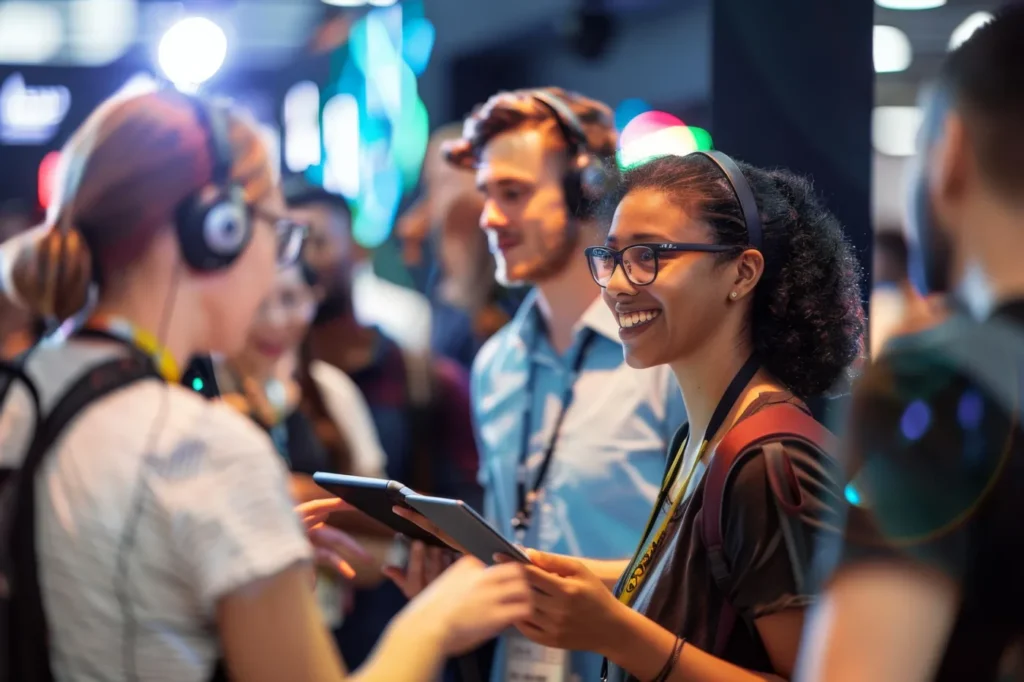 Attendees wearing headsets at a tech event
